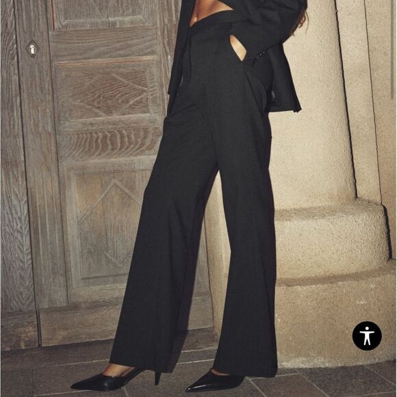 Zara Straight Leg pants w/back false welt pockets side zip blk pin stripe S Nwt - Picture 1 of 6